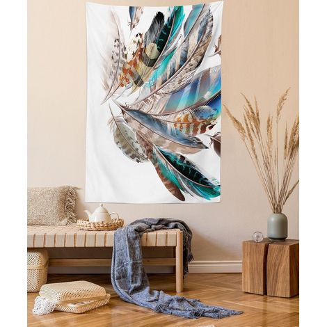 Federteppich, verschiedene Federarten und Geburtsumrisse, Vogelfedern und Tierhautelemente, Wohnzimmer, Studentenwohnheim, 152 x 203 cm, Türkisbraun (1/5)