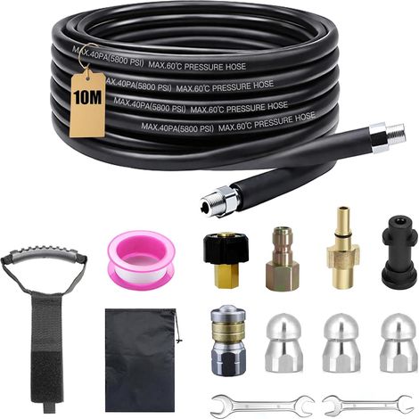 Kit de tuyau de nettoyage de canalisations universel, 400 bar, 140 °C, avec adaptateur et buses, compatible avec les nettoyeurs haute pression courants, pour le nettoyage des tuyaux et le blocage des (1/5)