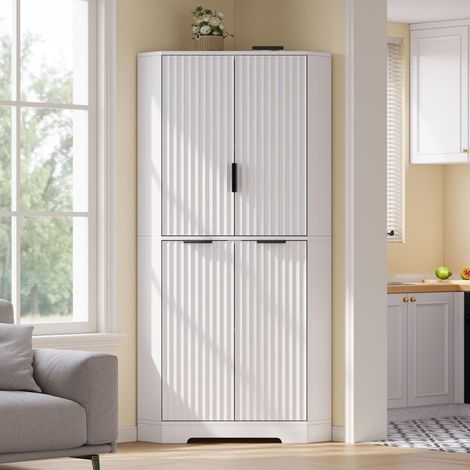 Armoire d'angle de rangement 60 x 60 x 172 cm avec 4 portes ondulées, étagères réglables - style moderne - mdf - blanc