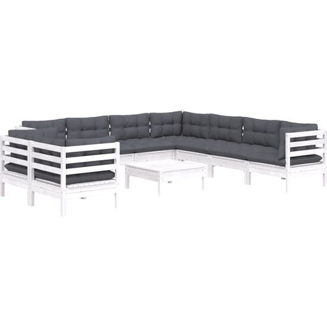 Set Divani da Giardino 10 pz con Cuscini Bianchi Legno di Pino vidaXL (1/4)