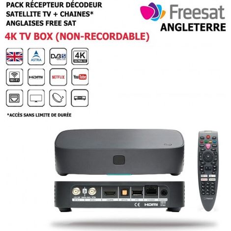 Pack Récepteur Décodeur Satellite 4K TV Box + Chaines Anglaises FREE SAT 106 Chaines, HD, Nationales Internationales (1/5)