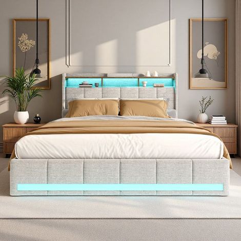 Cama Cofre Doble 140x190 cm - Gris - Cajones Prácticos - LED RGB - Carga USB-C/USB