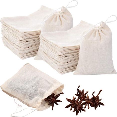 Dailygoods Sacchetti in mussola di cotone riutilizzabili per il tè, confezione da 50 pezzi, beige, con coulisse, ideali per spezie, tè e caffè. (1/5)