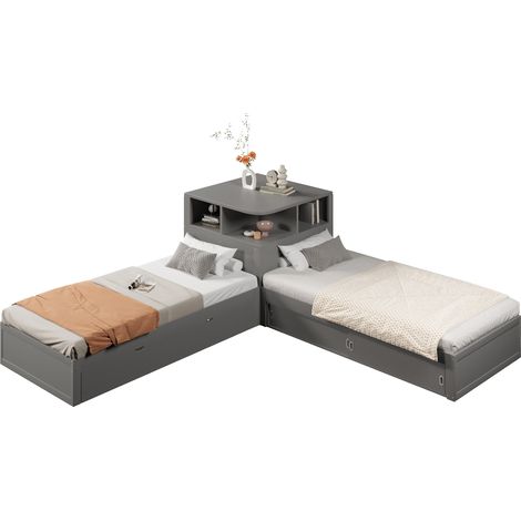 Lit plateforme 90x200 avec lit gigogne, rangement à portes coulissantes et veilleuse LED, gris, pour chambre d’enfant ou d’ado - CHICFURN (1/5)