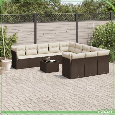 Salon de jardin - Modèle 3250262 - Résine tressée marron - Coussins déhoussables crème - Table verre trempé (1/3)