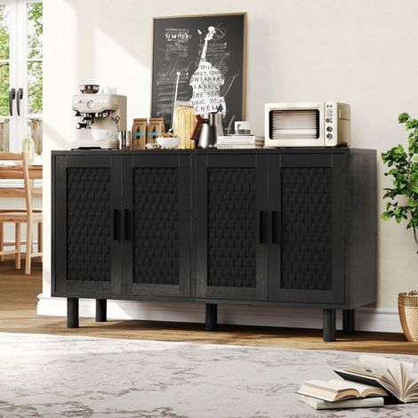 Holzbuffet, Rattan-Salonbuffet mit 4 Türen, Aufbewahrungsmöbel, verstellbare Regale, 140x40x80cm, Spanplatten, Schwarz