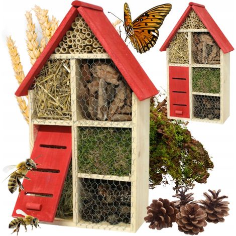 Hôtel pour abeilles, papillons et insectes, grande maison rouge, 5 compartiments, 45 x 20 x 79 cm (1/5)