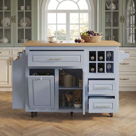 Chariot de cuisine ergonomique, desserte avec tiroirs, panier à vin amovible, étagère à snacks latérale et emplacement pour poubelle, chariot roulant multifonction pour cuisine, salle à manger et bar (1/5)