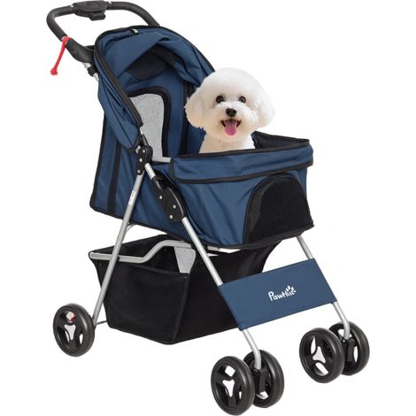 Charrette pour chiens avec auvent réglable, tissu Oxford 77x45x99, 5 cm, bleu foncé., panier de rangement et roues de frein