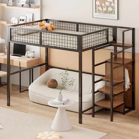 Letto a soppalco 140200 con scaletta, letto per bambini con struttura in ferro e ripiano contenitore, armadio nero (codice precedente LDB00198AAB)