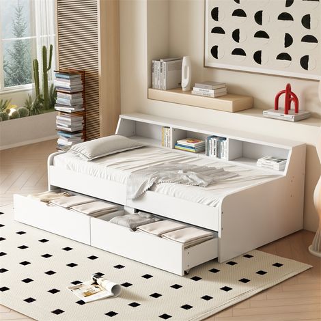 Lit simple d'enfant 90x200cm, lin en pin avec 2 tiroirs et petie compartiment de rangement, sommier à lattes, blanc (1/5)