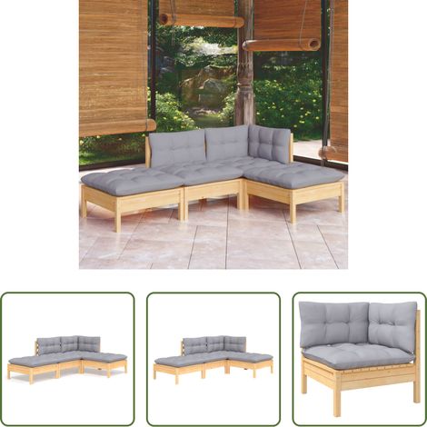 Terrassensofa - 4-tlg. Garten-Lounge-Set mit Grauen Kissen Kiefer Massivholz (1/5)