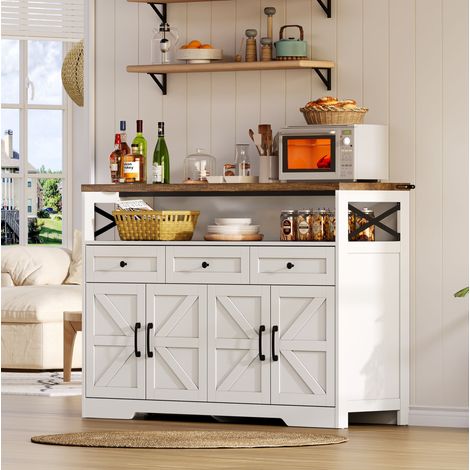 Aparador 140 x 35 x 95 cm con 3 cajones, 2 puertas y almacenaje, MDF blanco y marrón DESVIAE (1/5)