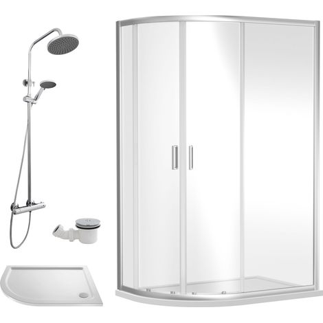 Balterley Almington Quadrant Offset Left Bundle: Slimline Tray, Round Kit & Waste, 1000 x 800 mm White/Chrome