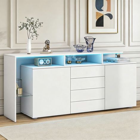 Buffet LED - Hochglanz Weiß - 4 Schubladen - 2 Türen - 160 x 35 x 70 cm