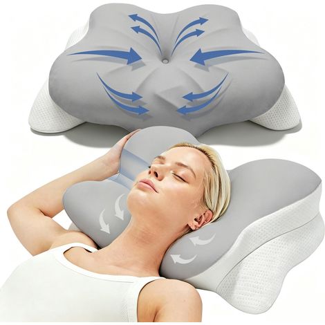 Oreiller mémoire de forme - Oreiller cervical ergonomique - Forme papillon soutien optimal - Pour tous types de dormeurs - 63x39x13 cm-Gris (1/5)