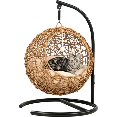 Panier pour chat tressé, maison surélevée en rotin avec coussin lavable et balle de jeu, cachette d'intérieur pour chats (1/5)