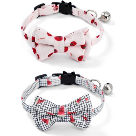 Collier Chat - Fermoir De Sécurité À Détente - Coton Doux - Avec Clochette Et Nœud Papillon Détachable - Réglable 15-28 cm - Lot De 2 (1/5)