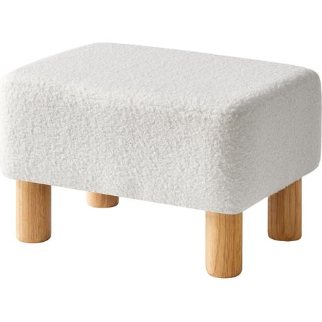 Petit Pouf Ottoman, Repose-Pieds, Ottomane Rectangulaire avec Pieds en Bois Stable, Matériau Teddy, Tabouret Bas, Tabouret de Canapé pour Salon, Chambre à Coucher, 42 × 29 × 24CM Blanc (1/5)
