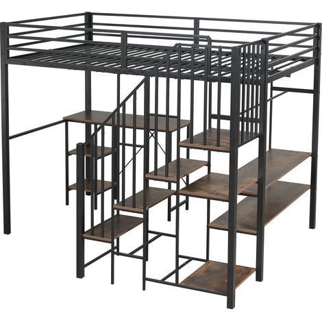 Cama alta de metal y MDF 120 x 200 cm negra con escritorio, estantes y perchero HOMVRA (1/5)