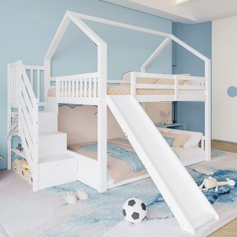 Letto a castello 254x251x201 cm bianco in pino e MDF con scivolo e scala contenitore (1/5)
