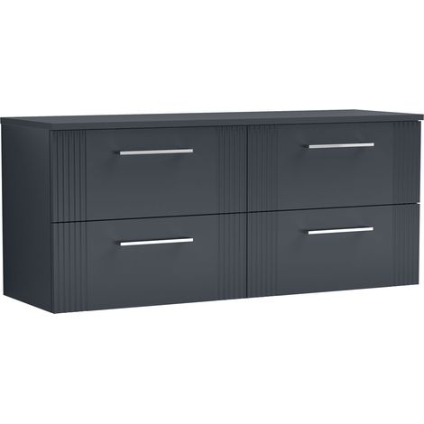 Belvide Partial Fluted 4 Drawer Wall Hung Vanity Unit with Colour Coordinating Worktop - 1200mm - Satin Dark Grey