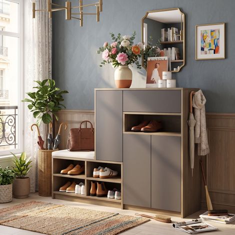 Creahappy Meuble à Chaussures avec Banc 140x35x110 cm - Rangement Entrée Gain de Place avec Coussin et Tiroir - Gris et Bois (1/5)