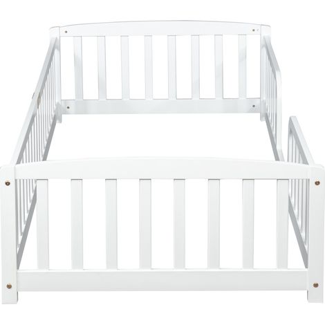 Kinder-Fußbodenbett 90 x 200 cm mit Sicherheitsgittern aus weißer Kiefer (1/5)