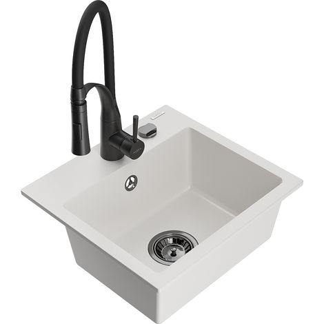 Mexen Milo fregadero de granito de 1 compartimento con grifo de cocina Aster, blanco - 6505-20-73450-70-B (1/5)