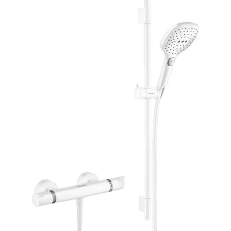 Hansgrohe Set di miscelatori doccia Hansgrohe Comfort + asta doccia Unica 65 cm + doccetta a 3 getti Raindance 120 Select E, bianco opaco