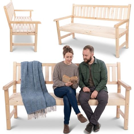 MODO24 Banc de jardin MIRA bois de pin FSC, 3 places 90x154x70 cm, dossier et accoudoirs, terrasse/balcon, naturel brut (1/5)