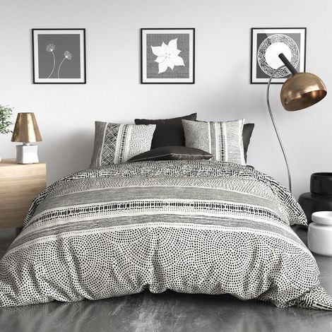 Parure housse de couette 260x240cm + 2 taies motif graphique noir et blanc 100% coton - TRICIA (1/4)