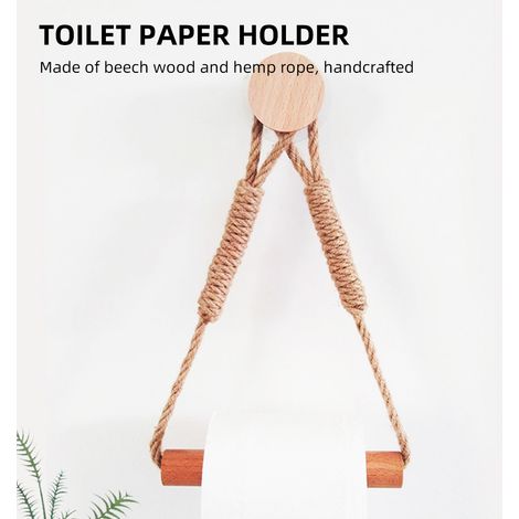 Portarrollos de papel higiénico sin taladrar, toallero de estilo industrial vintage fabricado en madera de haya y cuerda, 75 cm, con kit de montaje adhesivo. (1/4)