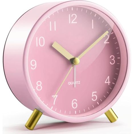 Réveil analogique silencieux, sans tic-tac, avec veilleuse, à piles, idéal pour les gros dormeurs, pour chambre d'enfant ou bureau (rose) (1/5)