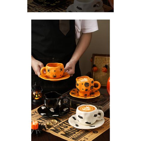 Tasse et soucoupe en céramique d'Halloween, motif citrouille et chauve-souris, mug irrégulier, vaisselle d'automne créative, tasse courte citrouille jaune