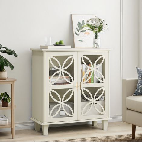 Aparador con 2 Puertas de Vidrio, 4 Patas de Madera, Almacenaje para Cocina y Salón, MDF y Tablero de Partículas, Crema (1/5)
