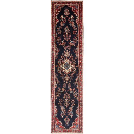 Tapis d'orient 96 x 410 cm, motif oriental, laine nouée main, rouge, beige et bleu, fabriqué en Iran (1/5)