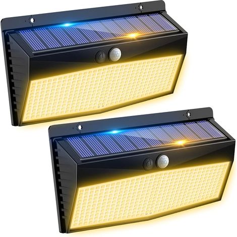 368LED Lampe Solaire Exterieur Detecteur de Mouvement, 3 Modes Lumiere Solaire, Étanche Eclairage Solaire pour Mural Jardin Outdoor Garage Cour [Blanc Chaud Lot de 2] (1/5)