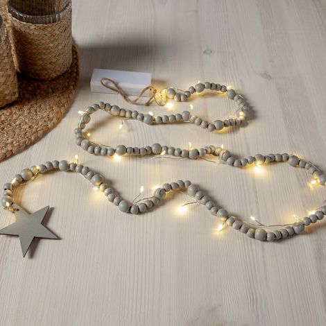 Guirlande lumineuse de Noël Star Trading 'Beady' avec perles en bois et étoile, piles + minuteur, blanc chaud, gris, L 150 cm