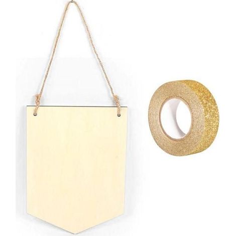 Fanion bois à suspendre 20 x 15 cm + masking tape doré à paillettes 5 m