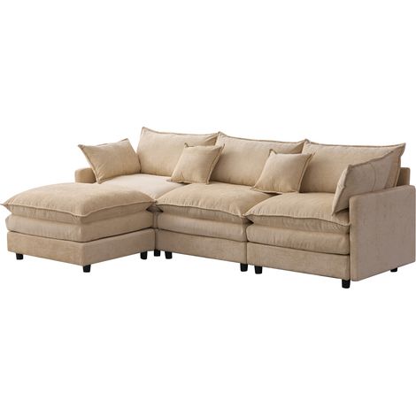 Sofá modular de esquina en chenilla, 3 plazas con chaise longue y puf, beige claro (1/5)