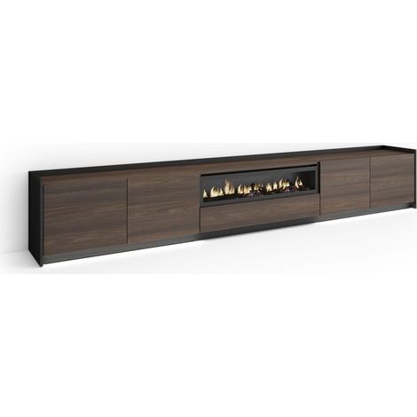 Skraut Home - Mueble TV, Televisión, Muebles de salón, almacenaje, 310x37x50cm, Para TV hasta 80", Chimenea eléctrica, LED, Estilo Moderno, Roble oscuro y Negro (1/5)