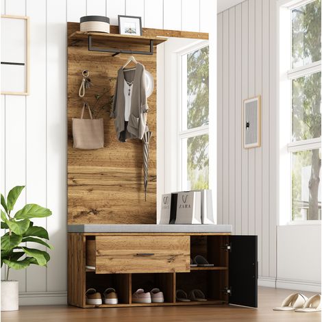 Mueble zapatero de entrada 104 x 39 x 190 cm con espejo, banco, percheros y almacenaje HAVRYA (1/5)