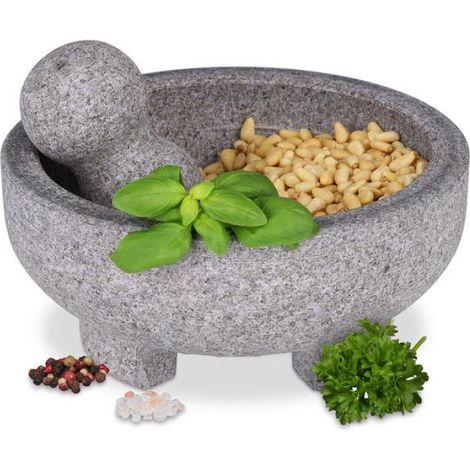 Mortier Avec Pilon - Granite - Pour Epices Et Herbes - H 9 cm D 20 cm - Gris - 1 Piece