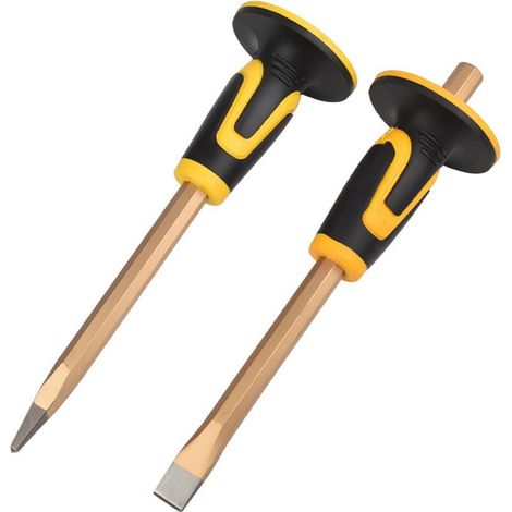 Ciseau pointu,burin plat,ciseau à main avec protection de la main 300 mm, poignée ergonomique antidérapante, ciseau à surface de frappe extra large,2pcs(Ciseau pointu+burin plat)