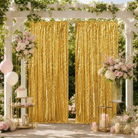 Lot de 2 toiles de fond de mariage à paillettes, 60 x 240 cm, tissu pour baptême, mariage, douche nuptiale, anniversaire, remise de diplôme, école, fête, décoration, jaune doré (1/5)