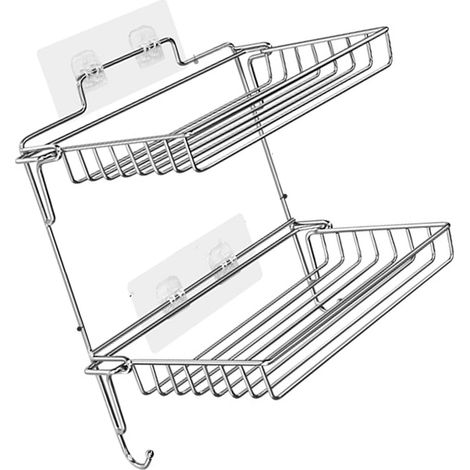Stainless Steel Folding Shower Caddy, 2-Tier Wall-Mounted Bathroom Rack, Space-Saving Folding Shelves with Anti-Fall Protection (1/5)