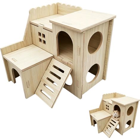 Maison d’angle en bois pour hamster, cachette à deux étages pour petits animaux, accessoires de décoration pour habitat de hamsters nains, gerbilles et souris – en bois naturel écologique et durable (1/5)