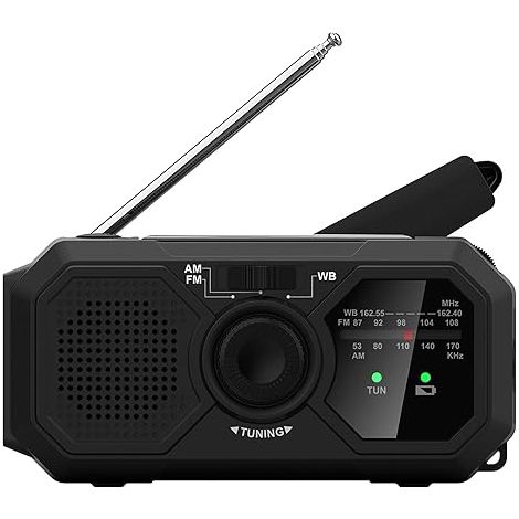 Radio de emergencia V5 con panel solar y manivela - Linterna LED - Radio meteorológica Voyager Mini NOAA con radio AM/FM y batería recargable (negra) (1/5)