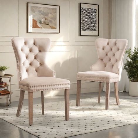 Conjunto de 2 sillas de comedor de terciopelo con clavos de mimbre, silla beige de oficina estilo escandinavo para salón, dormitorio, cocina (1/5)